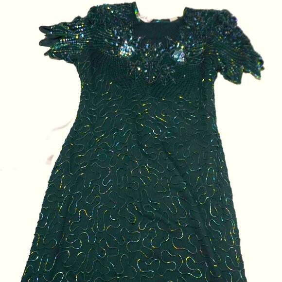 Laurence Kazar Emerald Green Beaded Sequined Silk Evening Dress Sz L - Picture 1 of 6